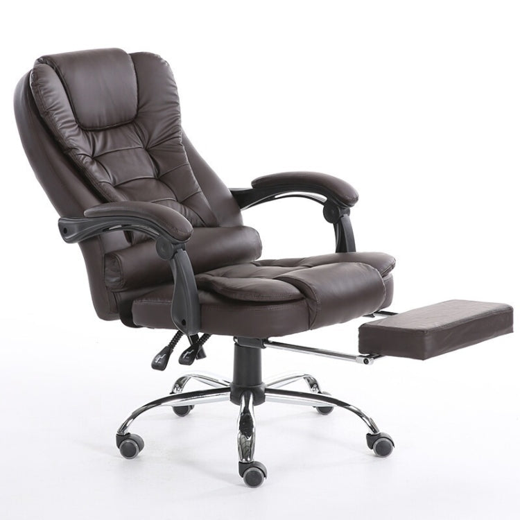 Brown massage swivel office chair with thick cushions, padded arms, and footrest