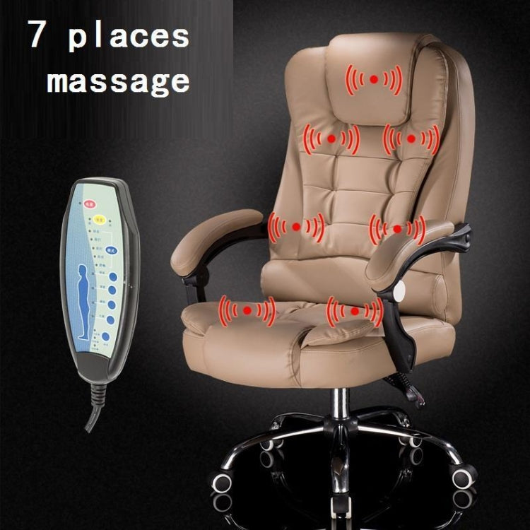Beige massage swivel office chair with padded headrest, armrests, and integrated footrest