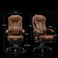 Brown massage swivel office chair shown with size measurements on dark background