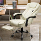 Creamy-white massage swivel office chair with recline footrest and padded headrest