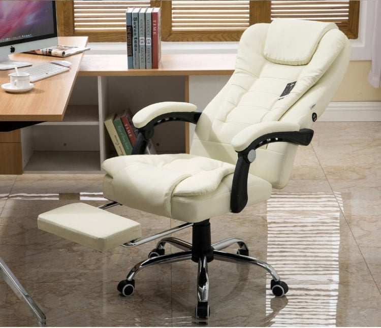 Creamy-white massage swivel office chair with recline footrest and padded headrest