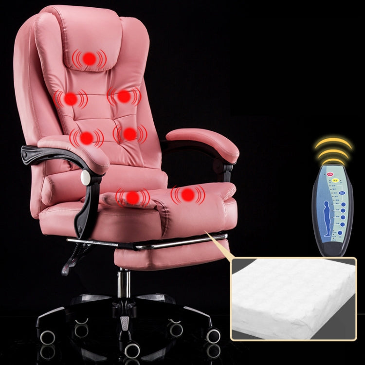 Pink lift swivel office chair with red massage nodules, padded armrests and chrome base