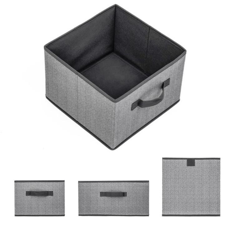 Square non-woven storage boxes, gray fabric, open tops and carry handles (set view)