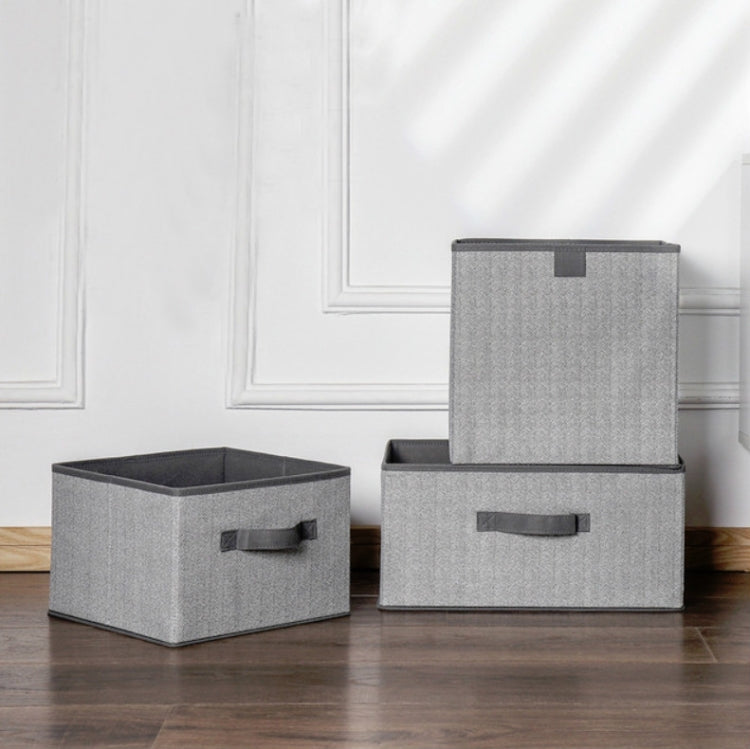 Set of square non-woven storage boxes in gray, open tops with carry handles