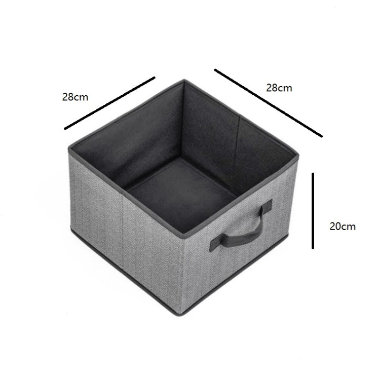 Square non-woven storage box, gray fabric, open top; measures 28 cm x 20 cm