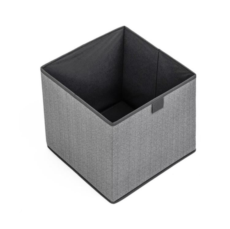 Square non-woven storage box, gray fabric, open top with carry handle detail