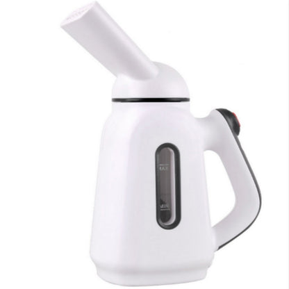 Mini handheld hanging garment steamer in white with dark control window and nozzle