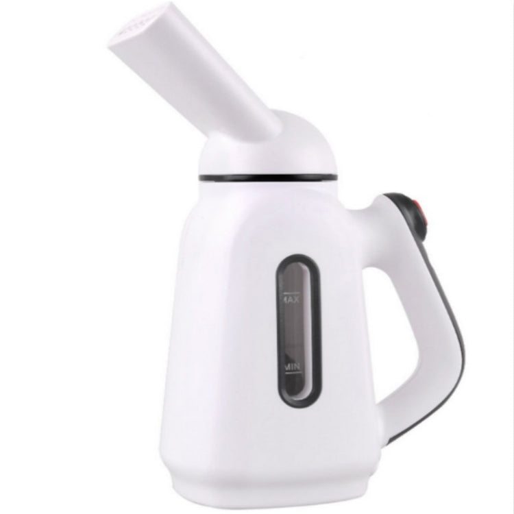 Mini handheld garment steamer in white with dark MAX/MIN control display and nozzle