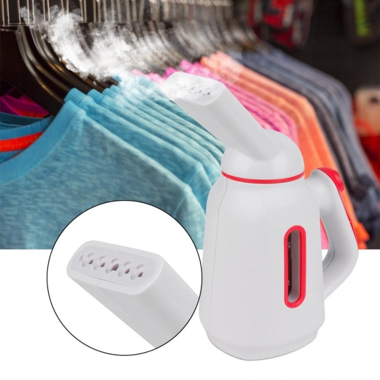 Mini garment steamer in white with red control panel and nozzle steam vents