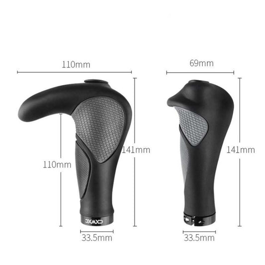 Black rubber handlebar grip size diagram with curved ends and textured traction pads
