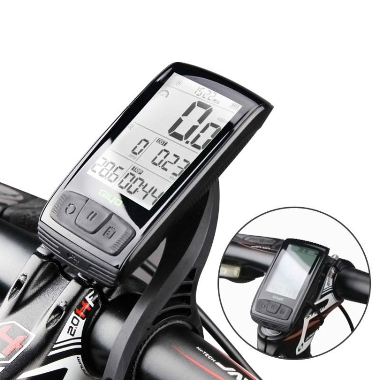 Black GIYO M4 bicycle computer with backlit LCD display, mounted on handlebar