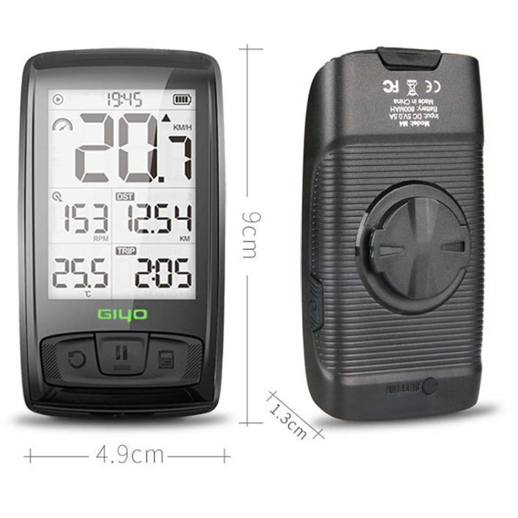 Black GIYO M4 bicycle computer front and back views with LCD screen and buttons