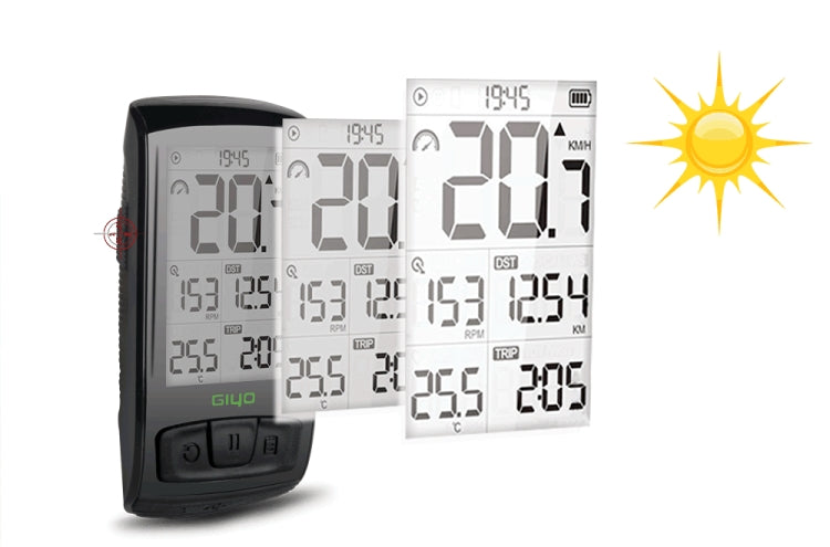 GIYO M4 bicycle computer with dual LCD display, showing speed, distance, and time