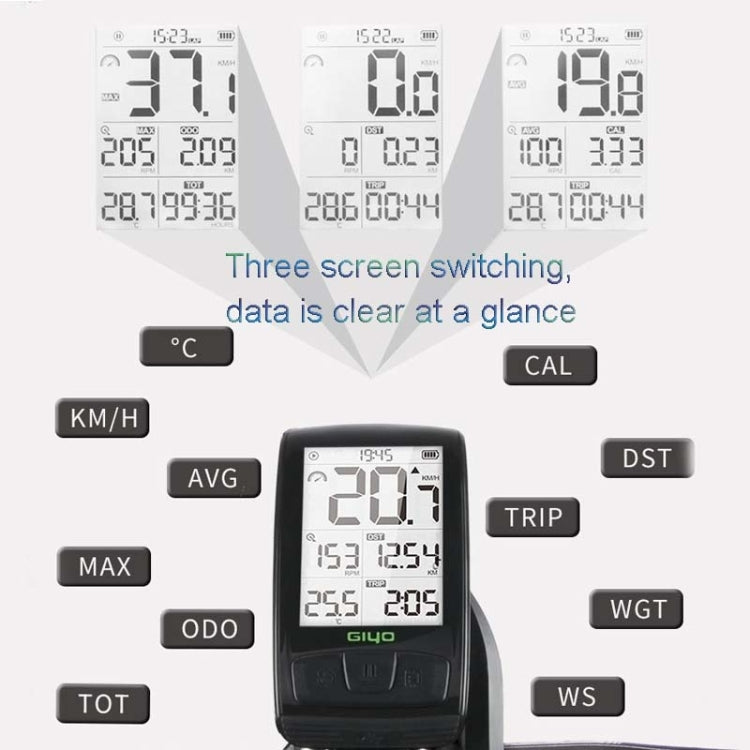 Black GIYO M4 bicycle computer with LCD screen and control buttons for data modes