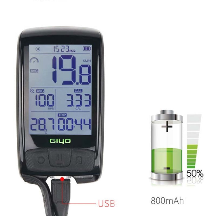 Black GIYO M4 bicycle computer with LCD display and USB charging port shown