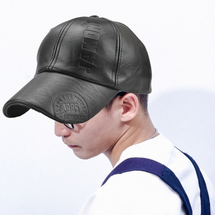 Black PU leather baseball cap with embossed front logo and curved brim.