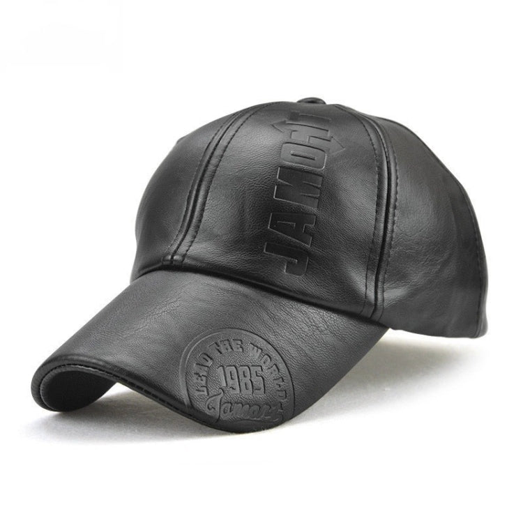 Black PU leather baseball cap with embossed front logo on the crown.