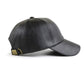 Black PU leather baseball cap with side buckle strap and curved brim.