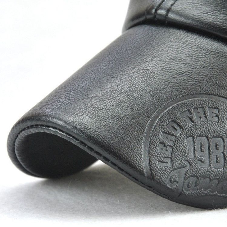 Black PU leather cap brim with embossed circular logo detail.