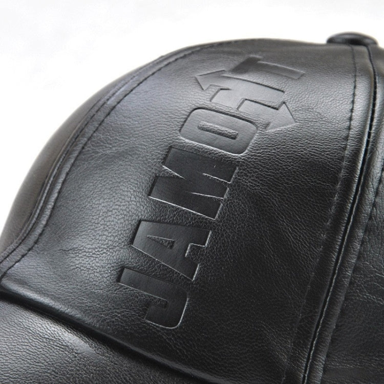 Black PU leather baseball cap with raised embossed front lettering.