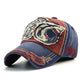 Denim and red baseball cap with large embroidered shark front panel and curved brim