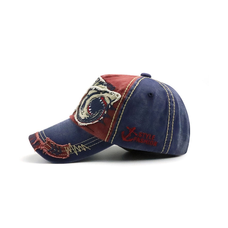 Denim baseball cap with red trim and embroidered shark side patch