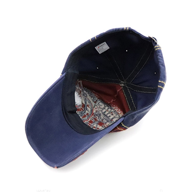 Inside view of denim baseball cap with dark lining and stitched brim underside