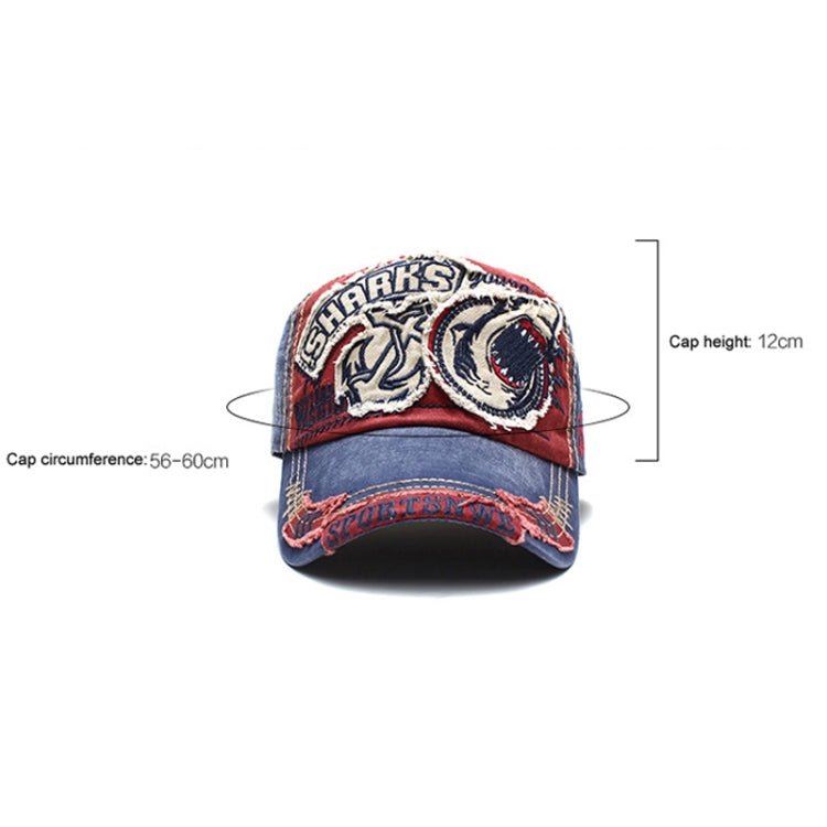 Denim and red baseball cap with two embroidered shark patches on the front