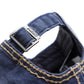 Denim baseball cap with adjustable metal buckle and braided trim inside brim.