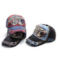 Set of baseball caps in denim and black with shark patches and stitched logos.