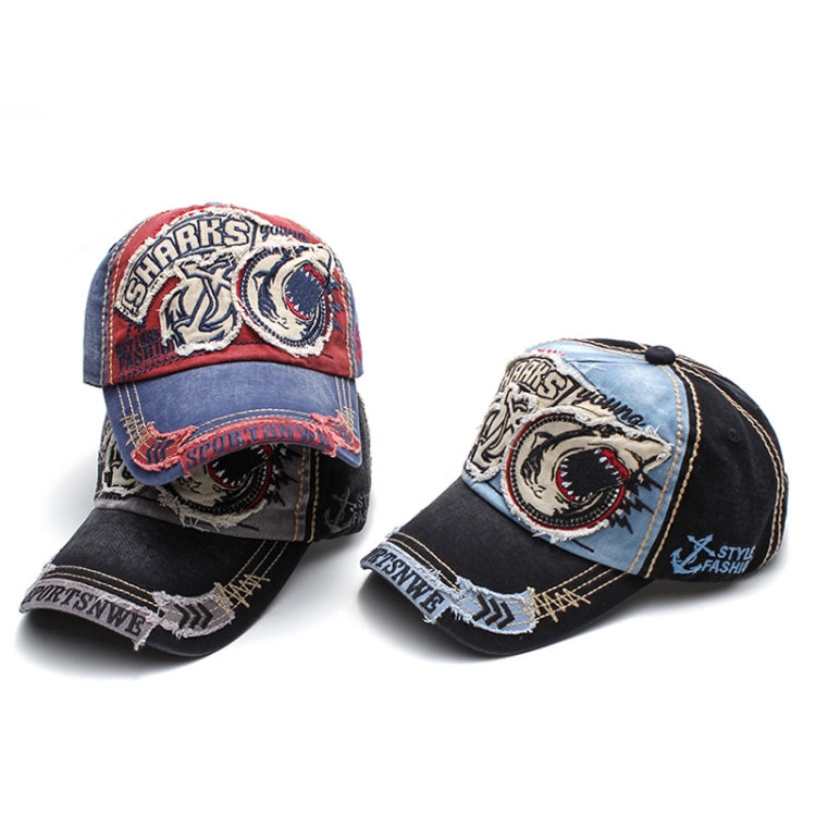 Set of baseball caps in denim and black with shark patches and stitched logos.