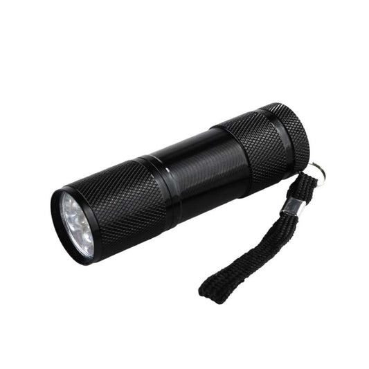 Black mini UV flashlight with textured grip, front lens, and wrist strap