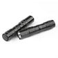 Two black tactical flashlights with lanyard ring and side switch near the grip