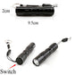 Black mini flashlight with keychain lanyard, shown size measurements and switch