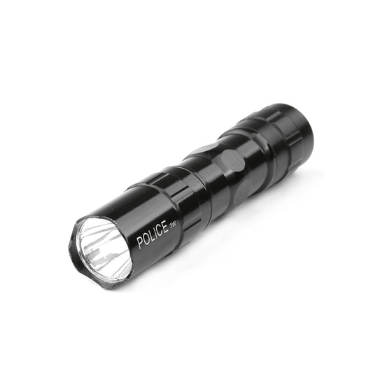 Black mini tactical flashlight with bright beam lens end and ribbed grip body