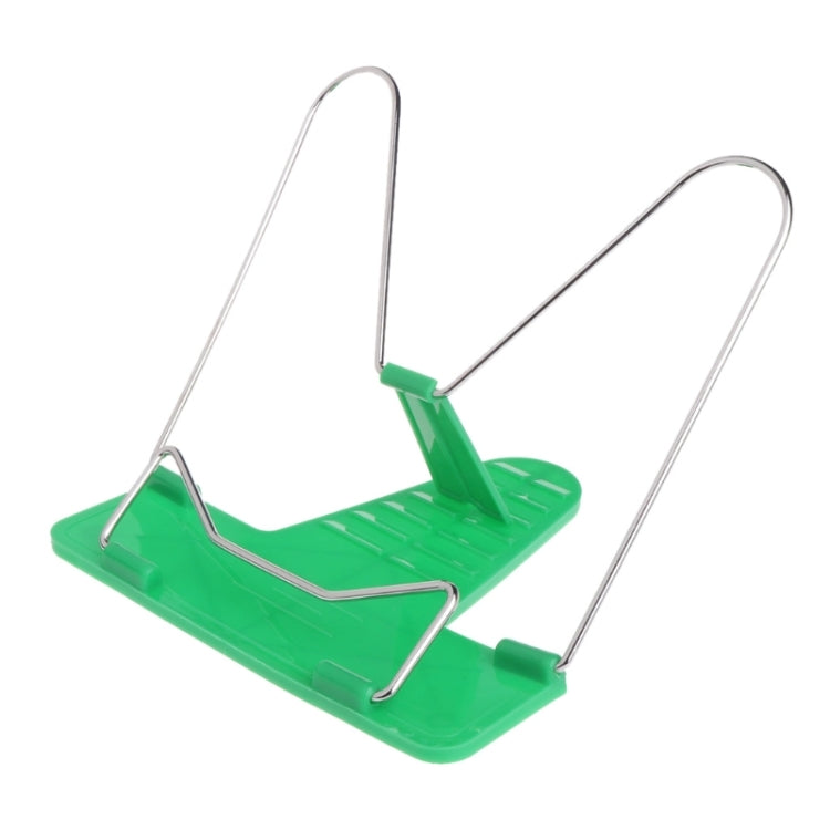 Green plastic base and metal wire book stand with arched supports for pages