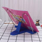 Blue adjustable book stand with metal wire supports, angled reading position