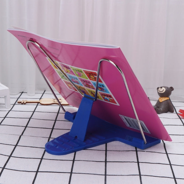Blue adjustable book stand with metal wire supports, angled reading position