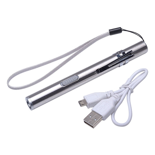 Metal pen-style rechargeable LED flashlight with braided lanyard and USB charging cable