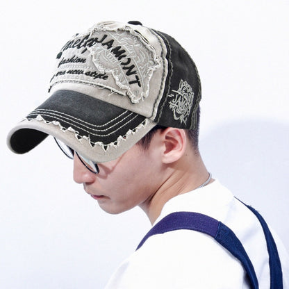 Cotton baseball cap with tiger head embroidery, distressed brim, adjustable one size, black/gray