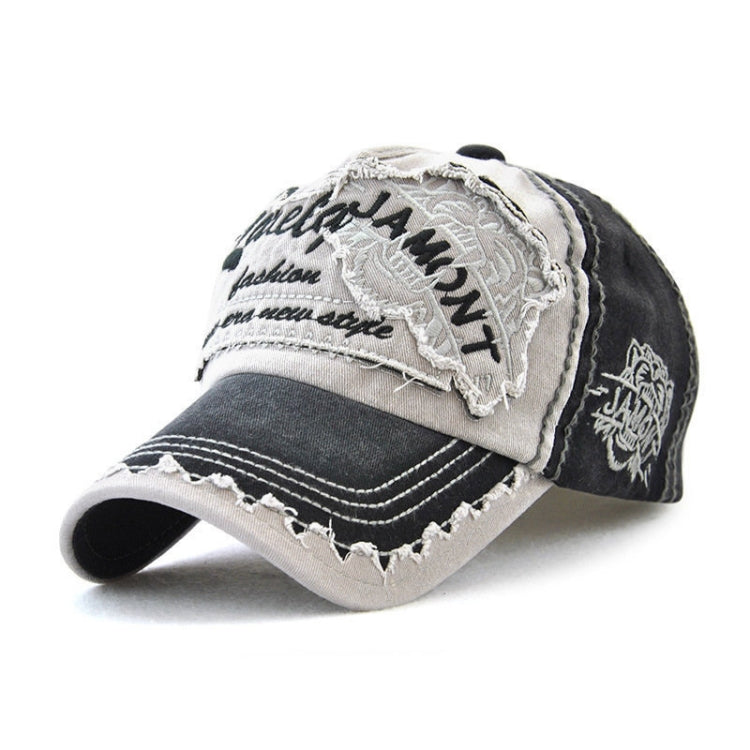 Cotton baseball cap with tiger head embroidery and stitched logo patch, distressed brim, black