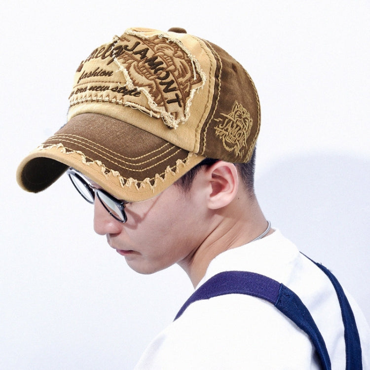 Cotton baseball cap with tiger head embroidery, distressed brim, adjustable one size, tan/brown