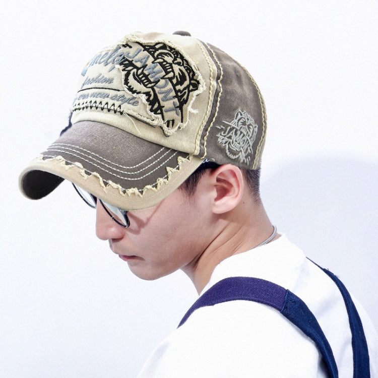 Cotton baseball cap with tiger head embroidery, distressed brim, adjustable one size, khaki/gray