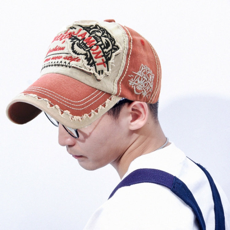 Cotton baseball cap with tiger head embroidery, distressed brim, adjustable one size, rust red