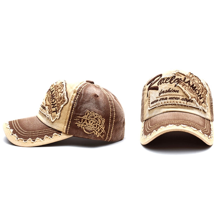 Cotton baseball cap with tiger logo embroidery, distressed brim, adjustable, tan/brown