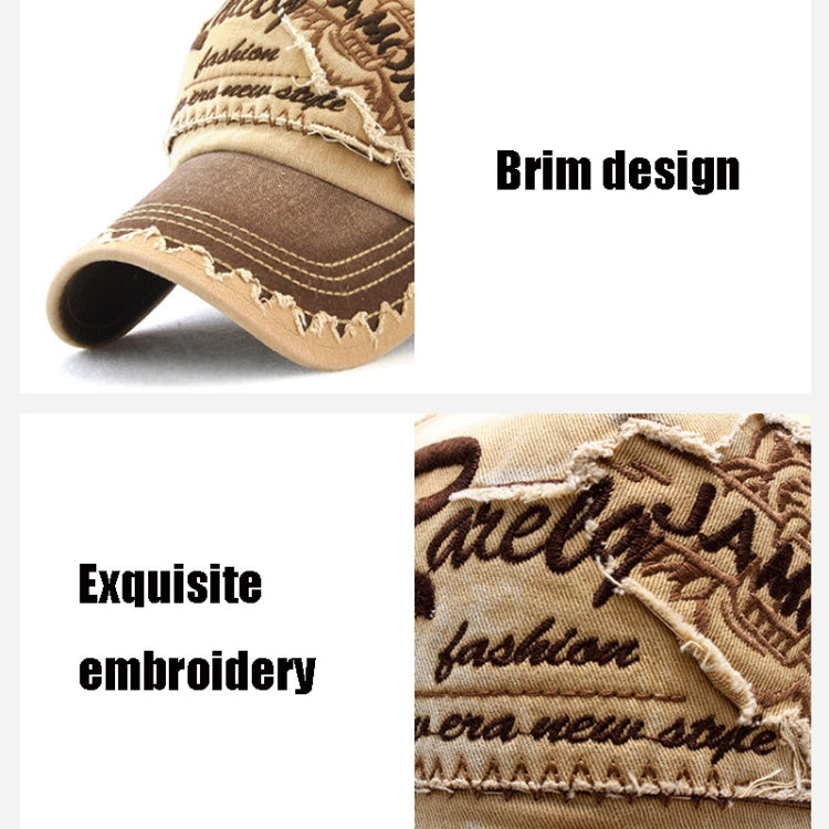 Embroidered baseball cap with tan patchwork front and curved brim, distressed stitching