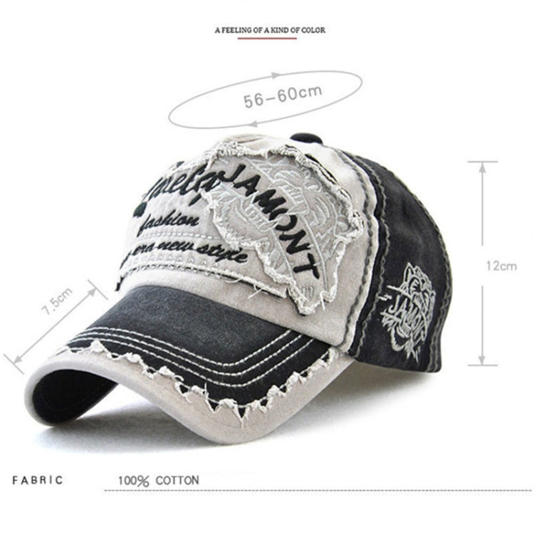 Two-tone embroidered baseball cap in black and gray with side tiger-style emblem and brim