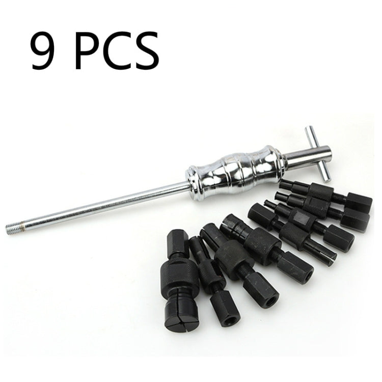 Chrome sliding hammer tool with black bearing puller adapters, 9-piece set