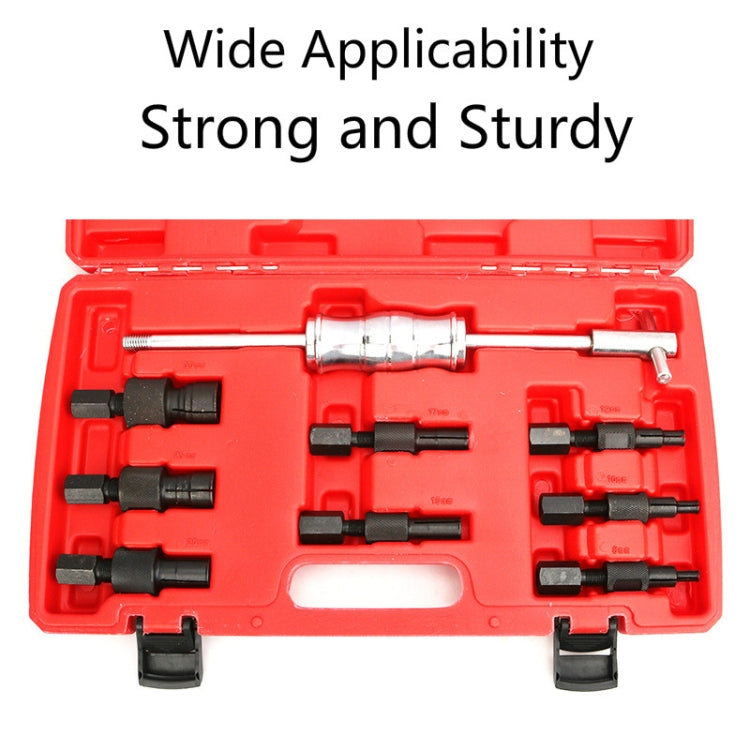 Red storage case showing inner bearing puller kit with sliding hammer and adapters