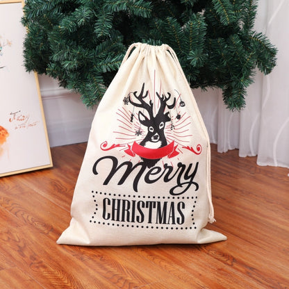 Cream linen drawstring Christmas gift bag with deer illustration and "Merry Christmas" print